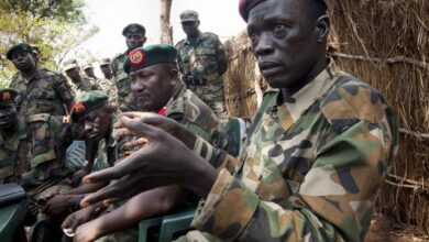 Soldiers at a Ugandan army base in Djema