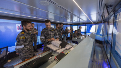 Members of HMAS Albany utilise the new bridge simulators at Defence Establishment Berrimah, Northern Territory. *** Local Caption *** Navys Patrol Boat Force will be better prepared for protecting Australias northern advances thanks to the two new bridge simulators implemented at Defence Establishment Berrimah, Northern Territory. The containerised full-mission simulators are based on the Arafura Class OPV and are provided by Pivot Maritime International. Designed to simulate bridge operations at sea, they are capable of supporting a full range of navigation training.