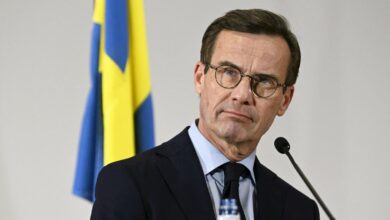 Sweden's Prime Minister Ulf Kristersson attends a press conference