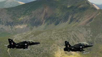 The RAF's latest fast jet trainer, the Hawk T2 is pictured during a flight over the beautiful scenery of North Wales. Based at RAF Valley on the Isle of Anglesey, the TMK2 Hawk is designed to train fast jet fighter pilots air combat and tactical weapons use, preparing them for front line operational aircraft like the Typhoon and Tornado.