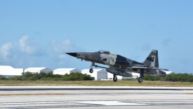 200623-N-KM072-001 KEY WEST, Fla. (June 23, 2020) An F-5N Tiger jet with Fighter Squadron Composite (VFC) 111 Sun Downers lands at Naval Air Station Key West's Boca Chica Field after training with Strike Fighter Squadron (VFA) 122 Flying Eagles June 23, 2020. Naval Air Station Key West is the state-of-the-art facility for combat fighter aircraft of all military services, provides world-class pierside support to U.S. and foreign naval vessels, and is the premier training center for surface and subsurface military operations. (U.S. Navy photo by Danette Baso Silvers)