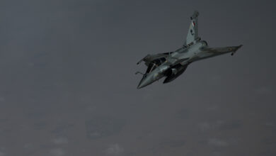 A Qatar Emiri Air Force Rafale fighter aircraft flies above Qatar, after receives fuel from a U.S. Air Force KC-135 Stratotanker Dec. 31, 2020. This event built familiarity with the air-to-air refueling process with both air forces. (U.S. Air Force photo by Staff Sgt. Sean Carnes)