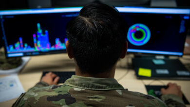 U.S. Air Force Staff Sgt. Marj Alfaro, 52nd Communications Squadron mission defense team supervisor assigned to Spangdahlem Air Base, Germany, performs network analysis during exercise Tacet Venari at Ramstein Air Base, Germany, May 17, 2022. Tacet Venari is a two-week cyber exercise that provides Airmen the opportunity to identify, detect and respond to cyber threats. The hands-on experience the exercise provides prepares Airmen for real-world cyber threat scenarios. (U.S. Air Force photo by Airman 1st Class Jared Lovett)