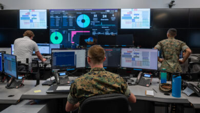 U.S. Marines and Civilians with Marine Corps Cyberspace Warfare Group and Marine Corps Cyberspace Operations Battalion participate in Cyber Flag 23-2 at an undisclosed location, Aug. 7, 2023. The purpose of the exercise was to enhance readiness and cyber warfare capabilities. Each team was strategically positioned in an offensive or defensive role, engaging with various cyber-attack and defense scenarios. (U.S. Marine Corps photo by Cpl. Oneg Plisner)