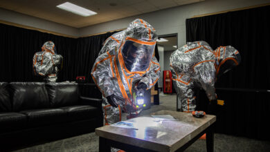 Members of the Kosovo Security Force Hazardous Materials Company discover clues that lead to a planted, homemade explosive device in a training scenario in Wells Fargo Arena in Des Moines, Iowa, Sept. 21, 2023. The KSF worked with the 71st Civil Support Team, Iowa National Guard for a week long opportunity to work alongside the Des Moines Fire Department to find hazardous materials. (U.S. Army National Guard photo by Sgt. Rachel I. White)