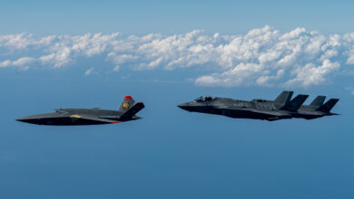 A U.S. Marine Corps XQ-58A Valkyrie, highly autonomous, low-cost tactical unmanned air vehicle, conducts its second test flight with two U.S. Air Force F-35A Lightning II aircraft assigned to 33rd Fighter Wing, 96th Test Wing at Eglin Air Force Base, Fla., Feb. 23, 2023. The XQ-58A Valkyrie test flight and the data collected inform future requirements for the Marine Corps in a rapidly evolving security environment, while successfully fueling joint innovation and experimentation opportunities. (U.S. Air Force photo by Master Sgt. John McRell)