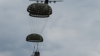 A U.S. Air Force C-130J Super Hercules assigned to the 374th Airlift Wing, Yokota Air Base, Japan, delivers pallet drops over a designated landing zone near Yeoju, Republic of Korea, June 25, 2024. The Republic of Korea is a critical ally to the United States in the Indo-Pacific region and is key to peace and security. (U.S. Air Force photo by Tech. Sgt. Ericka McCammon)