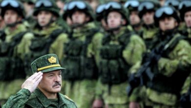 Belarusian President Alexander Lukashenko with Belarusian troops