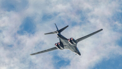 A B-1B Lancer assigned to the 419th Flight Test Squadron takes off from Edwards Air Force Base, California, to conduct flight tests on the Load Adaptable Modular pylon