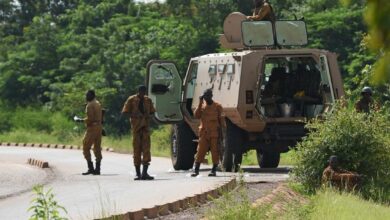 Soldiers patrol a town in Burkina Faso