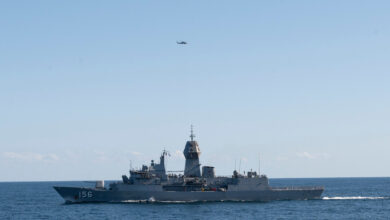 HMAS Toowooba practices sail pass in the Philippine Sea, October 2023.