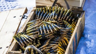 Ammunition in a box, which appears to be for machine guns. The ammunition are seemingly similar in shape and size to 15 mm ones.