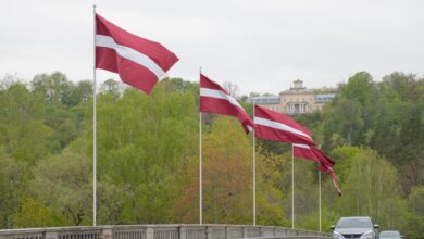 Bridge over the Gauja decorated with flags of Latvia