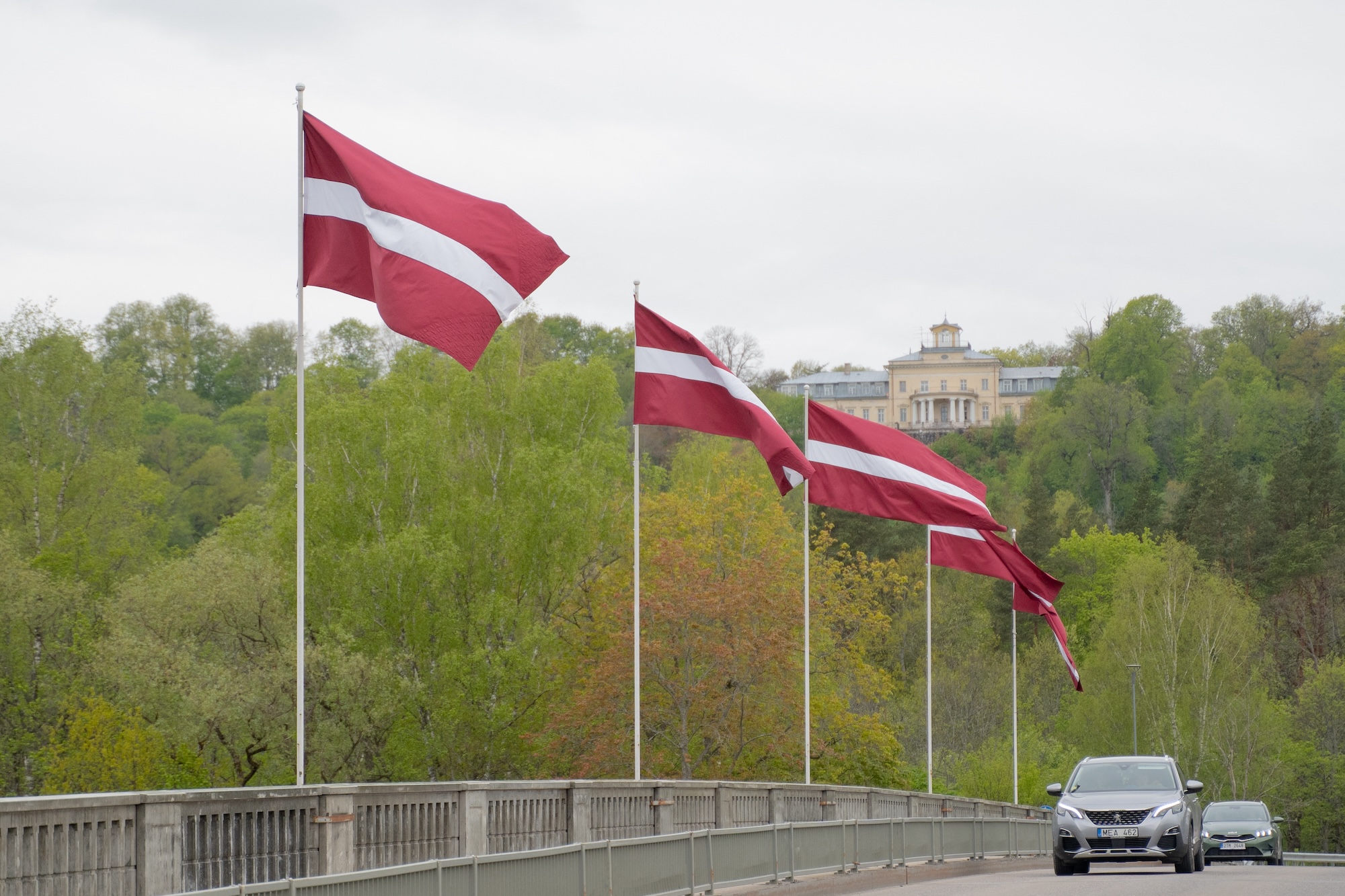 Bridge over the Gauja decorated with flags of Latvia