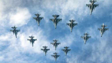 Formation of Dutch F-16s above the North Sea