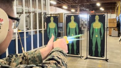 Gunnery fires a next-generation human electro-muscular incapacitation device at a target during a limited user evaluation hosted by Air Force Security Forces Center