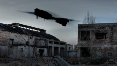 A loitering munition fired in an urban environment