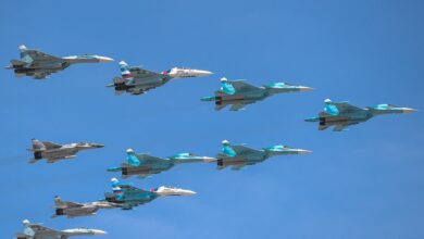 A fleet of Russian Su-30s flying over Moscow's Red Square