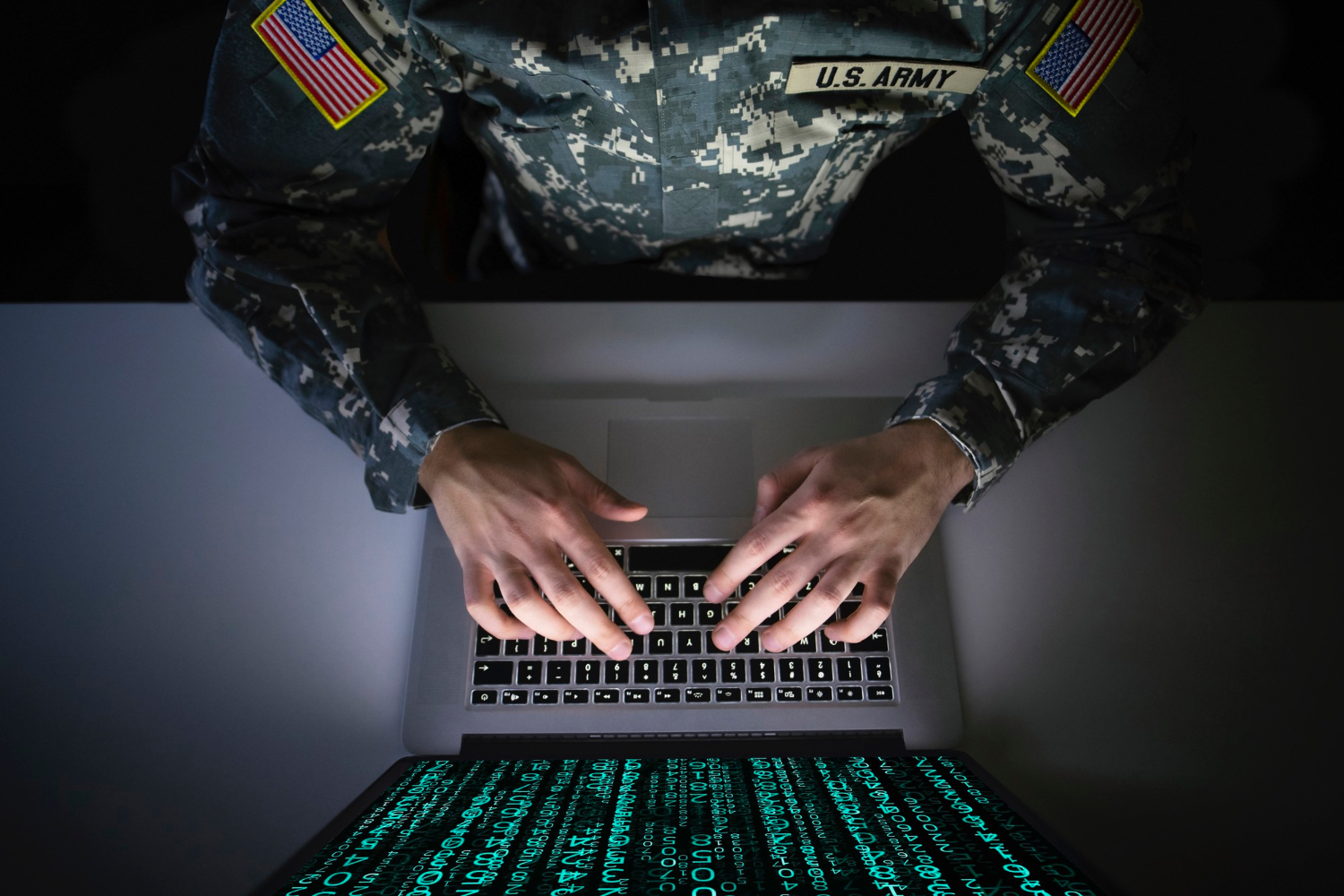 Soldier using laptop cyber