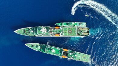 The vessel "China Coast Guard (CCG) 3502" carrying out replenishment for other vessels in the South China Sea