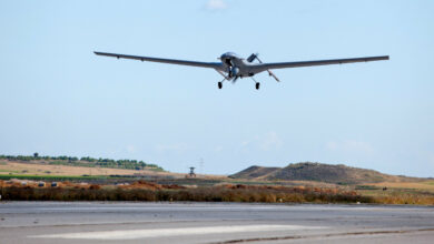 The Bayraktar TB2 drone is pictured flying on December 16, 2019 at Gecitkale Airport in Famagusta in the self-proclaimed Turkish Republic of Northern Cyprus