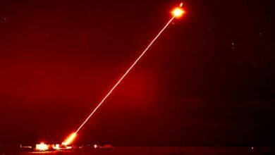 The UK's DragonFire laser directed energy weapon engages aerial targets.