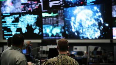 U.S. Cyber Command members work in the Integrated Cyber Center, Joint Operations Center at Fort George G. Meade.