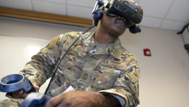 US Air Force member using virtual reality headset