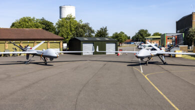 Image shows Protector aircrafts PR009 and PR010 side by side outside 31 Squadron at Royal Air Force Waddington on the 19th July 2024.