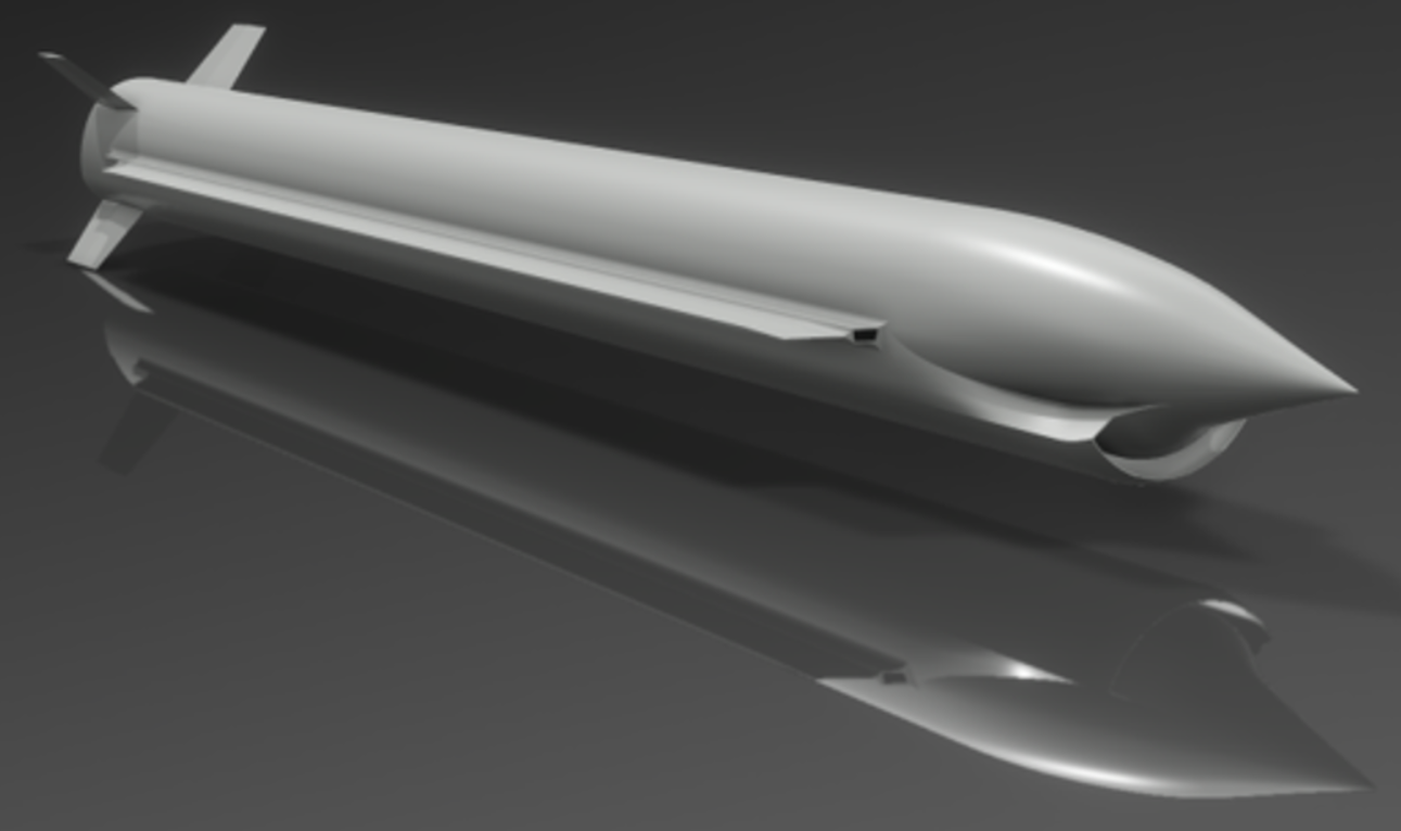 A 3D concept image of the 3SM Tyrfing supersonic strike missile. The missile has a straight, sleek body, with a pointed head and four fins on the back. It is entirely painted in white.