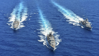 Greek Hydra-class frigates take part in a military exercise in the eastern Mediterranean on August 26, 2020